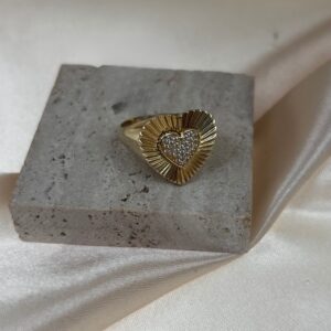 14K YELLOW GOLD DOMED HEART RIBBED RING