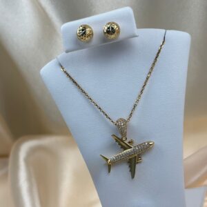 14K AIRPLANE PENDANT NECKLACE WITH MATCHING EARRINGS