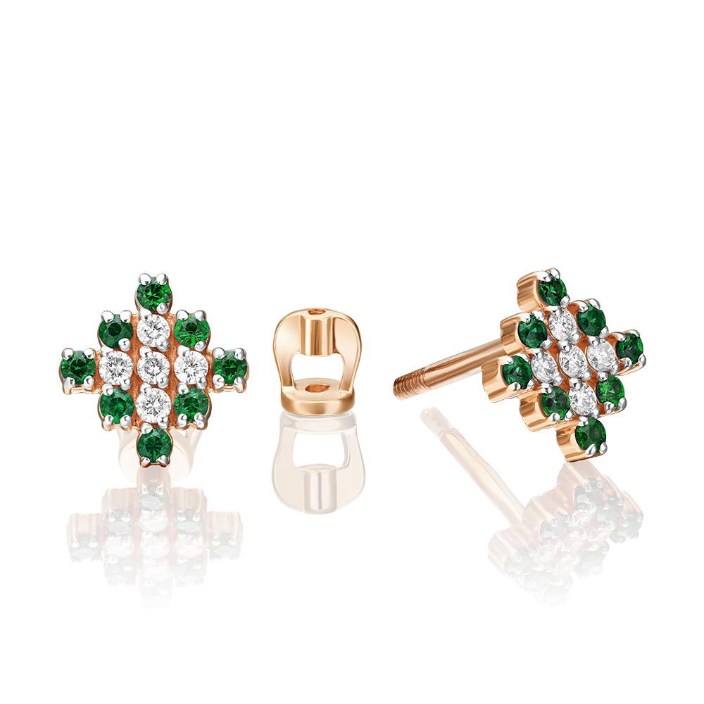 Stud Earrings in rose gold with diamonds and emeralds-023