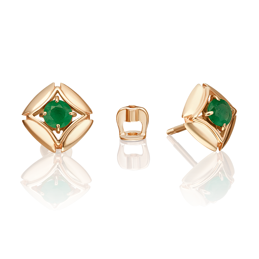Red gold stud earrings with emerald-008