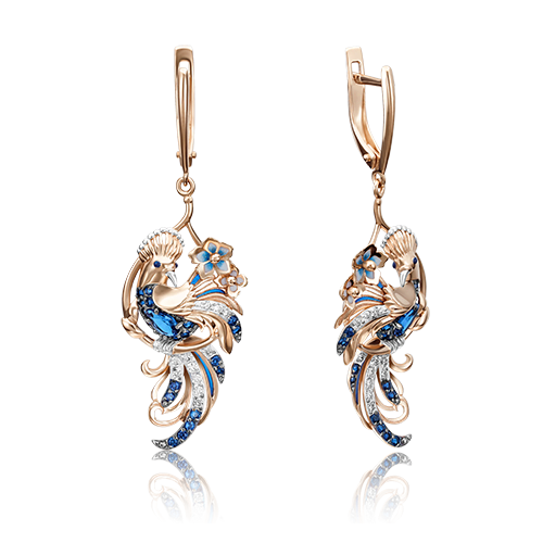 Birds of Paradise earrings with English lock in red gold with sapphires, diamonds and enamel-032