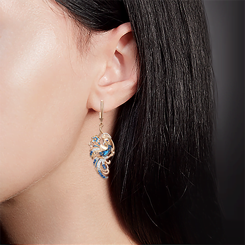 Birds of Paradise earrings with English lock in red gold with sapphires, diamonds and enamel-032