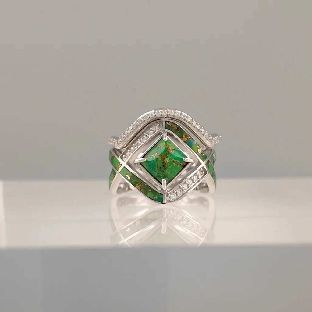 Silver Green rhomboid Stone Doble Ring 137