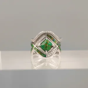 Silver Green rhomboid Stone Doble Ring 137