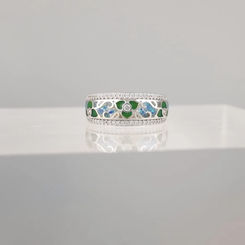 Silver Green Flowers Band Ring 142