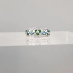 Silver Green Flowers Band Ring 142