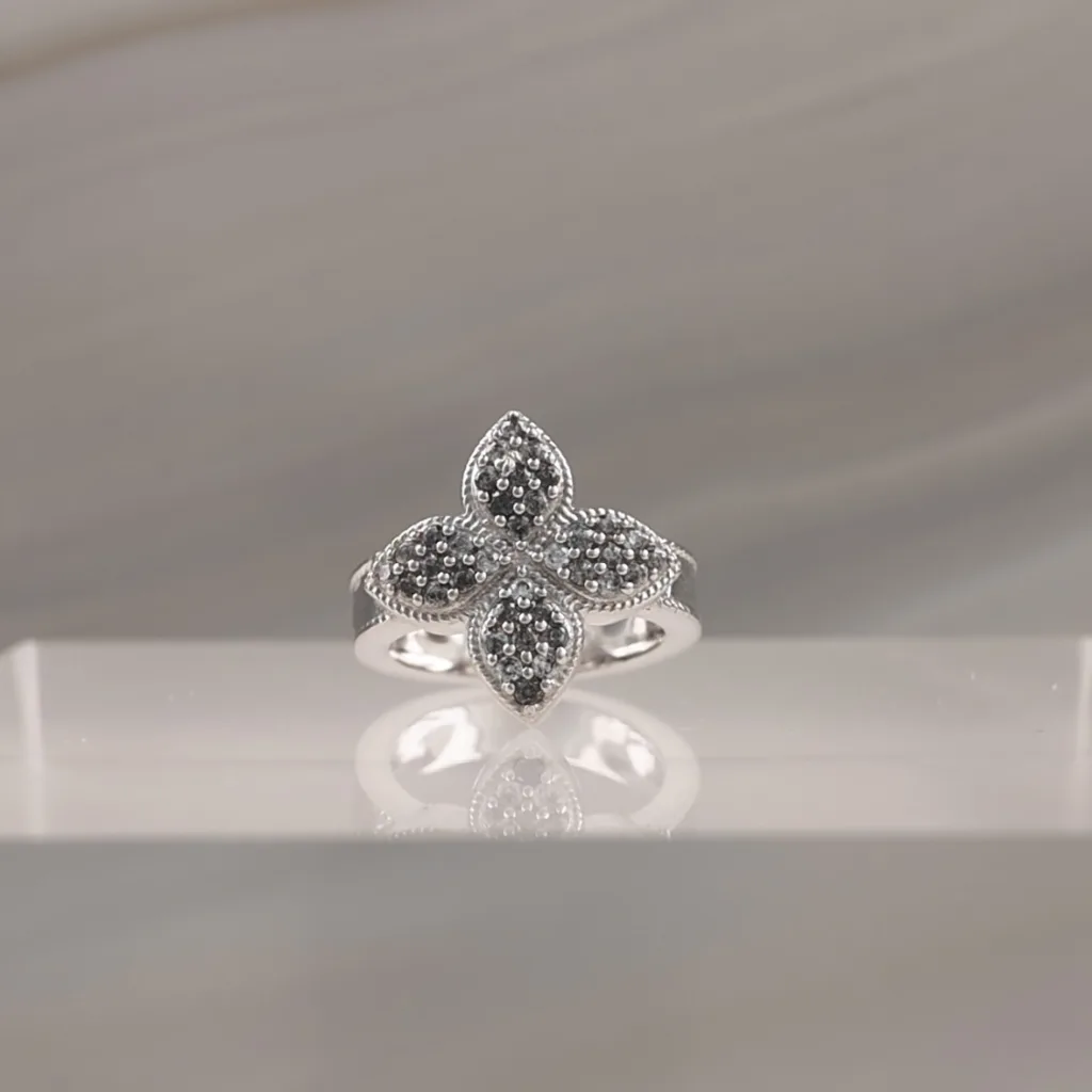 Silver Robert Flower Ring with b/w cz