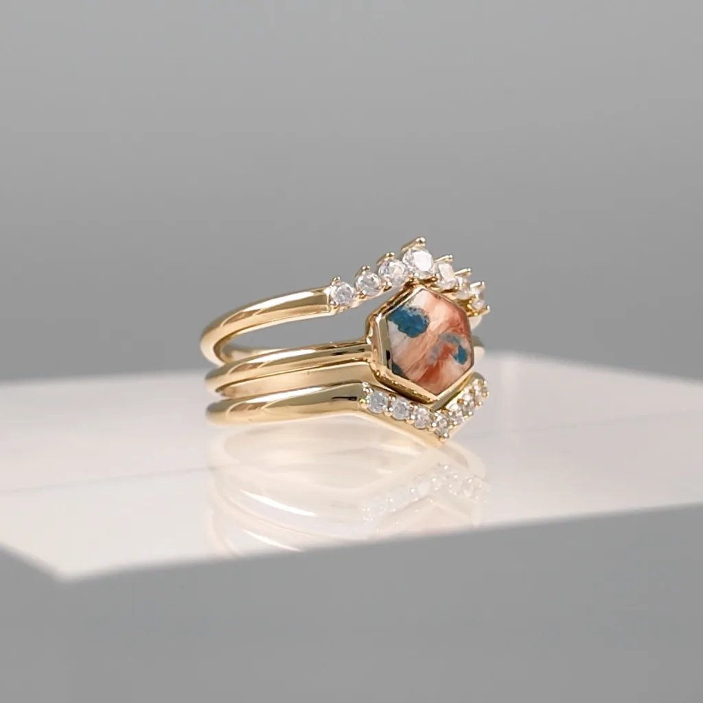 Yellow Silver Hexagonal Trio Ring 132