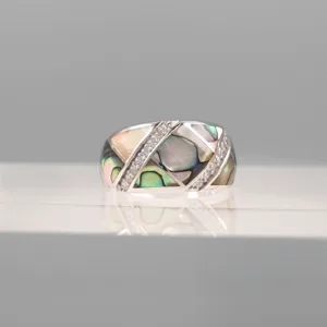 Silver Green pearl Ston line Ring 156