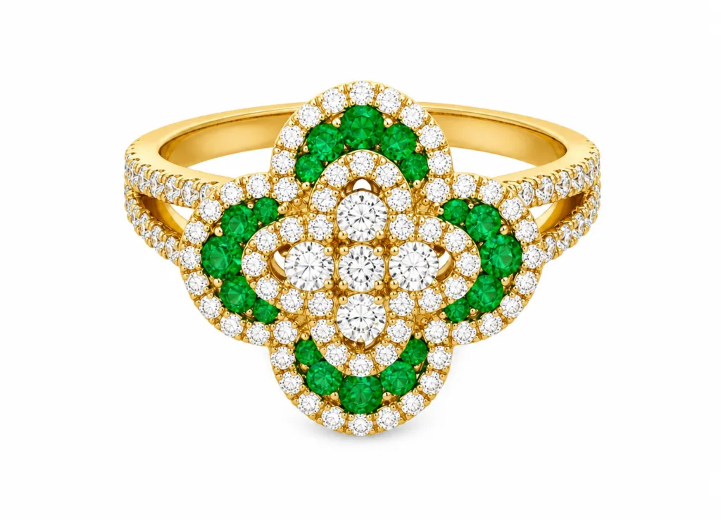 Emerald & Diamond Clover Cocktail Ring – 007