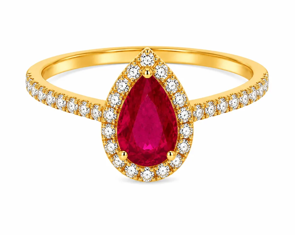 Pear-Shaped Ruby & Diamond Halo Ring – 015