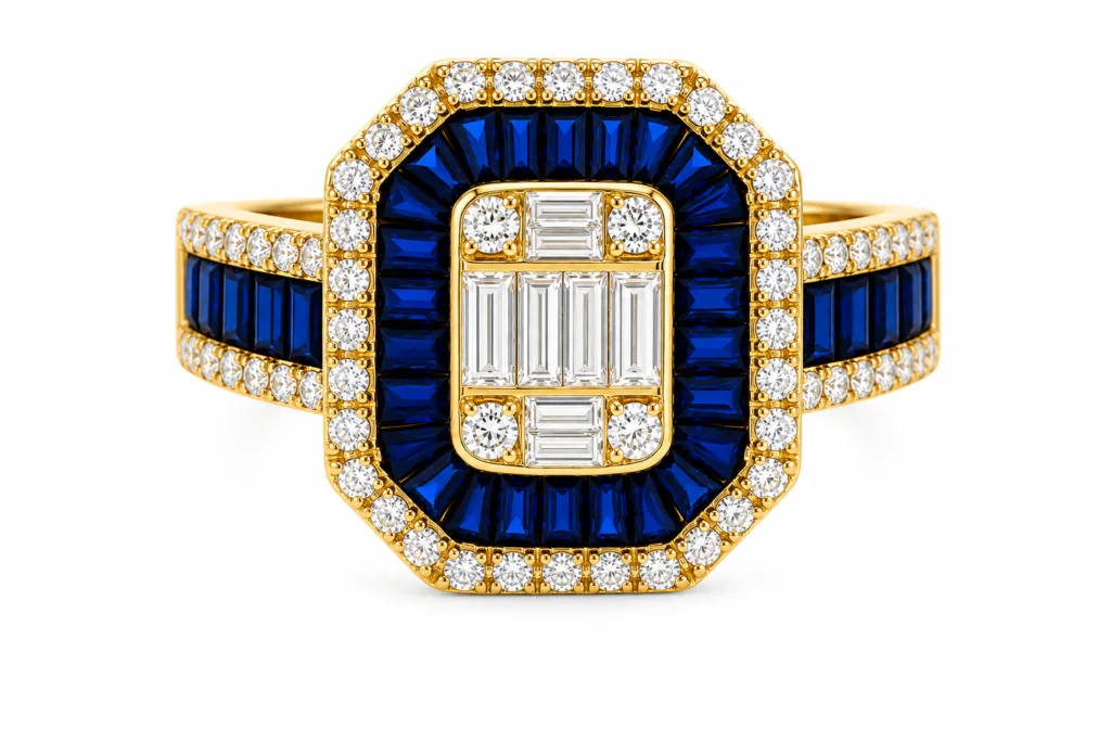 Blue Sapphire & Diamond Octagonal Cocktail Ring – 090