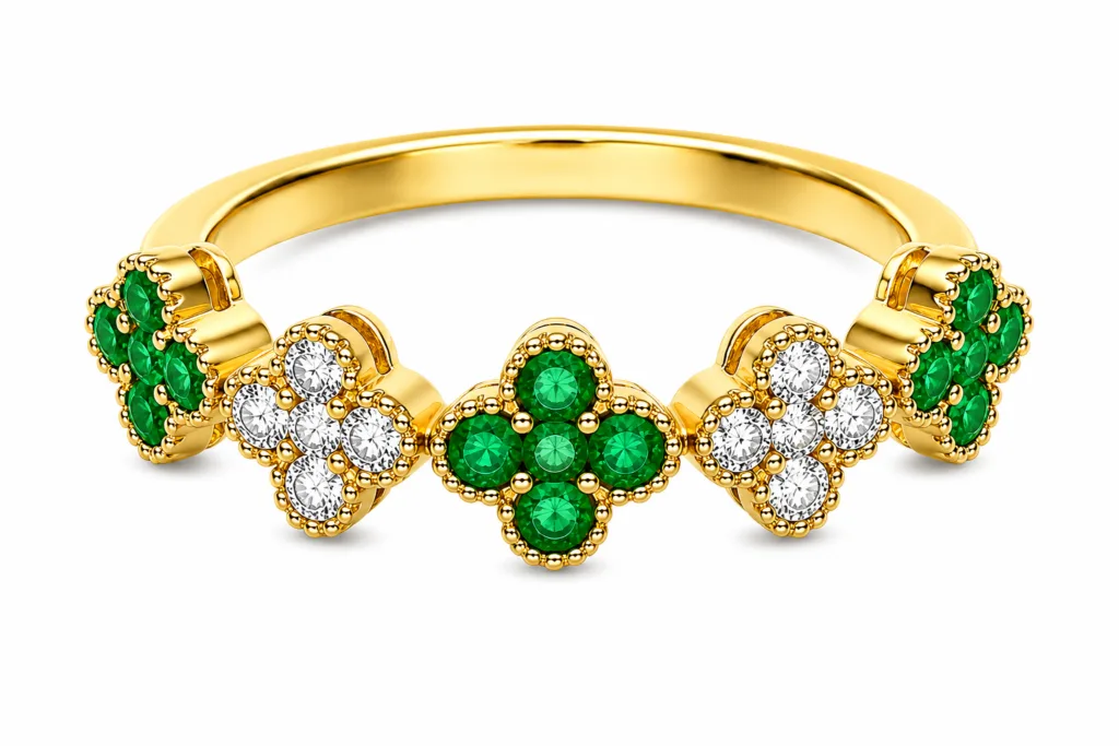 Emerald & Diamond Clover Band Ring – 017