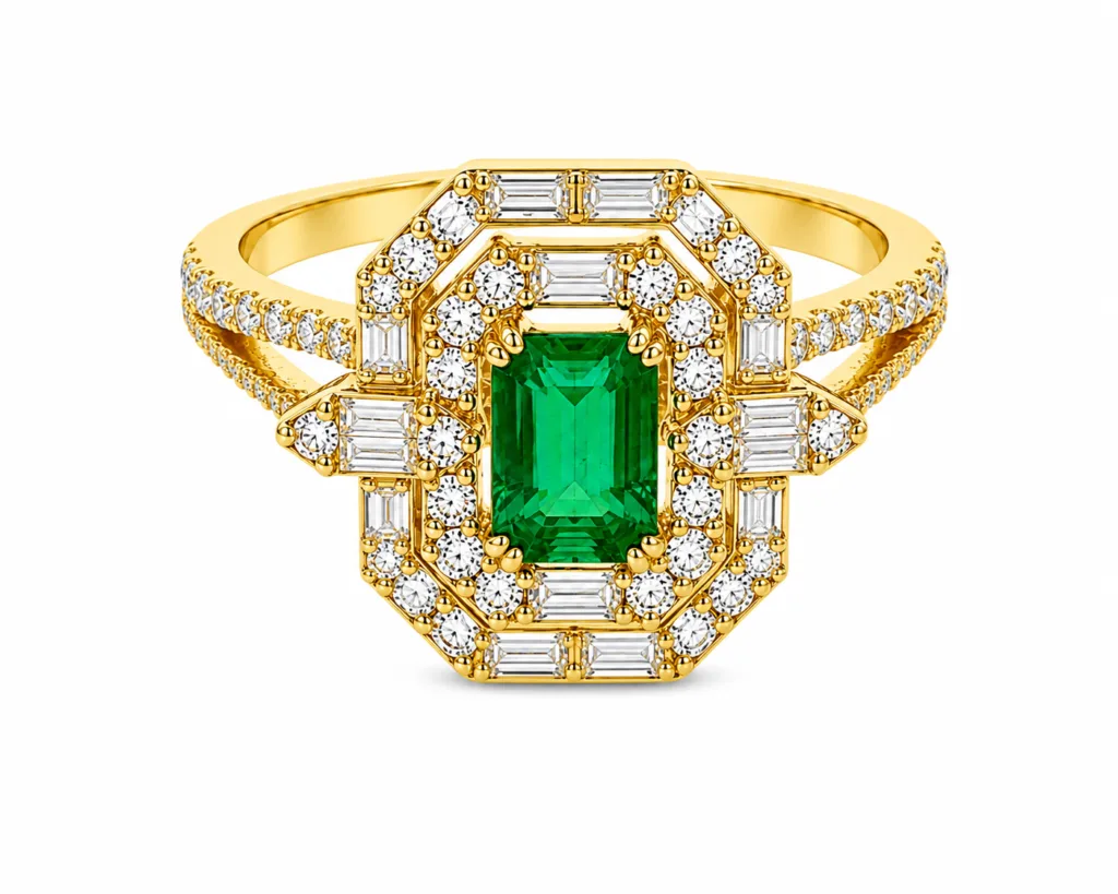 Emerald & Diamond Octagonal Halo Ring – 013