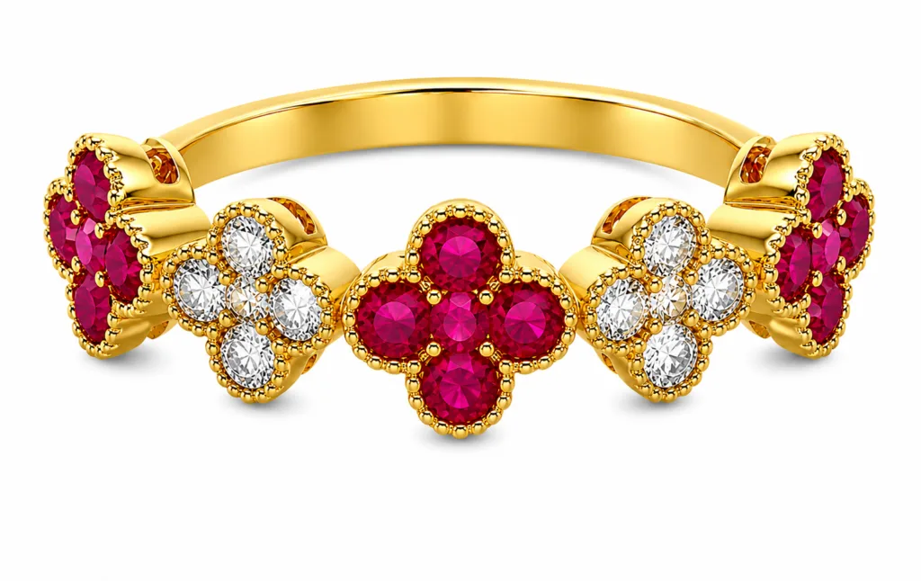 Ruby & Diamond Clover Band Ring – 019