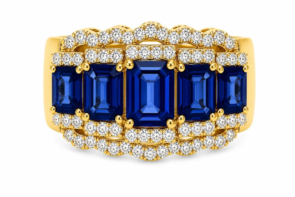 Blue Sapphire & Diamond Wide Band Ring – 036