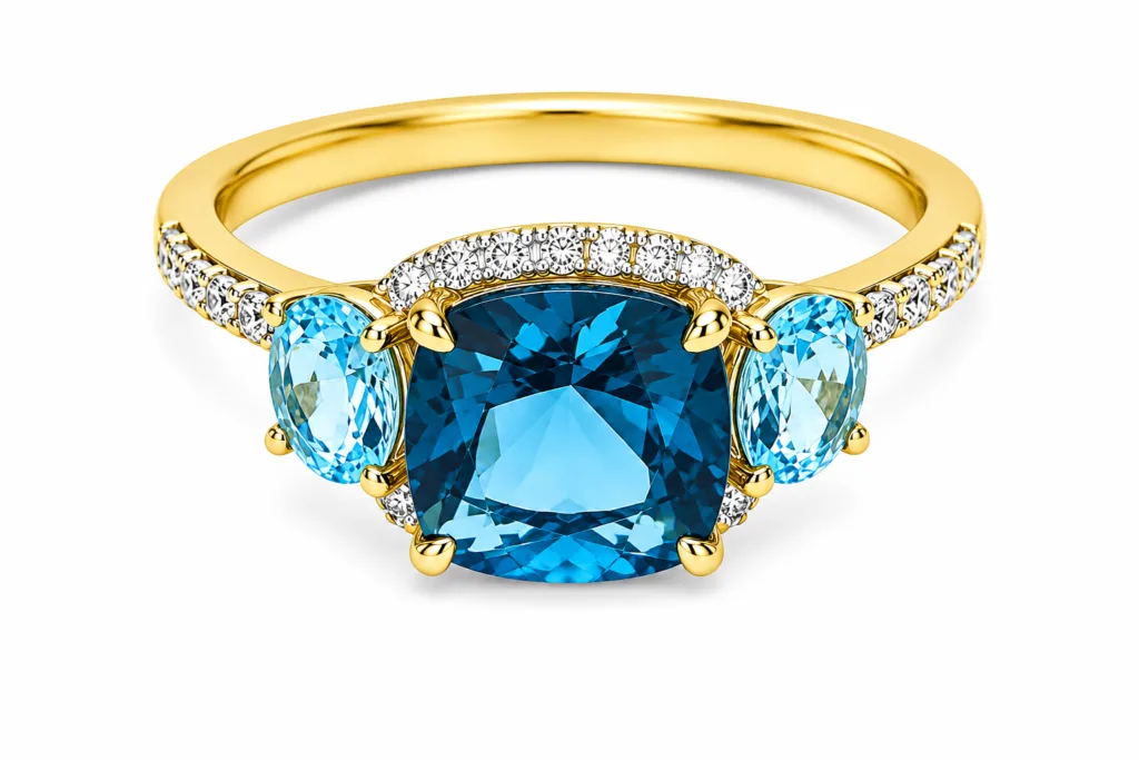 Blue Topaz & Diamond Three-Stone Ring – 028