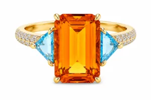 Citrine, Blue Topaz & Diamond Three-Stone Ring – 031