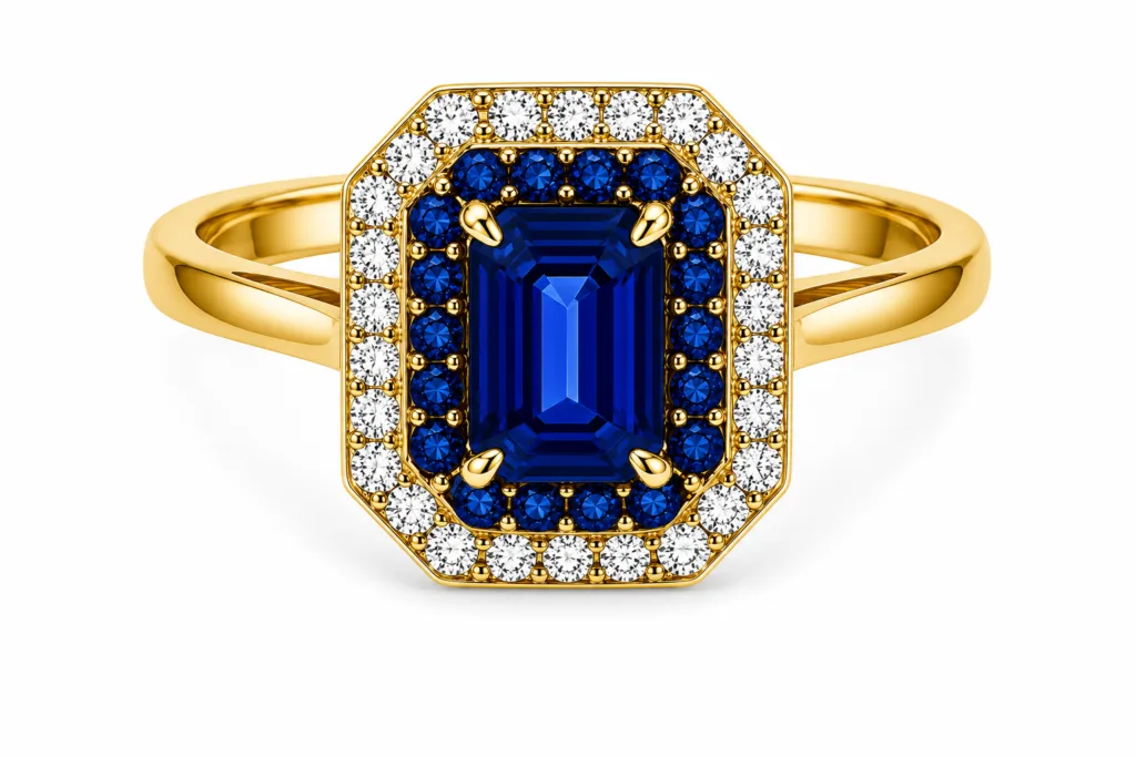 Blue Sapphire & Diamond Octagonal Halo Ring – 037
