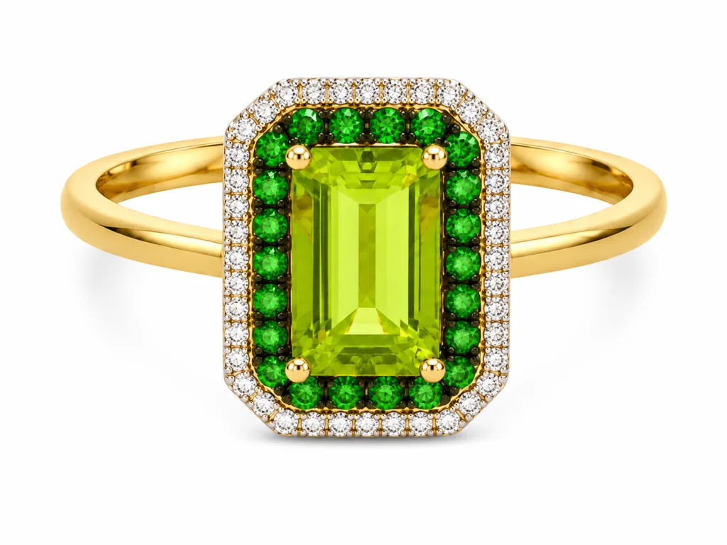 Peridot, Tsavorite & Diamond Halo Ring – 035