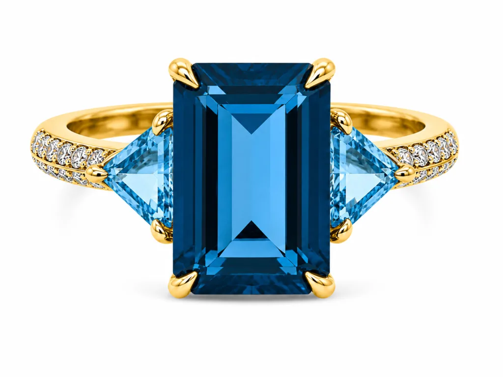 Blue Topaz & Diamond Three-Stone Ring – 034