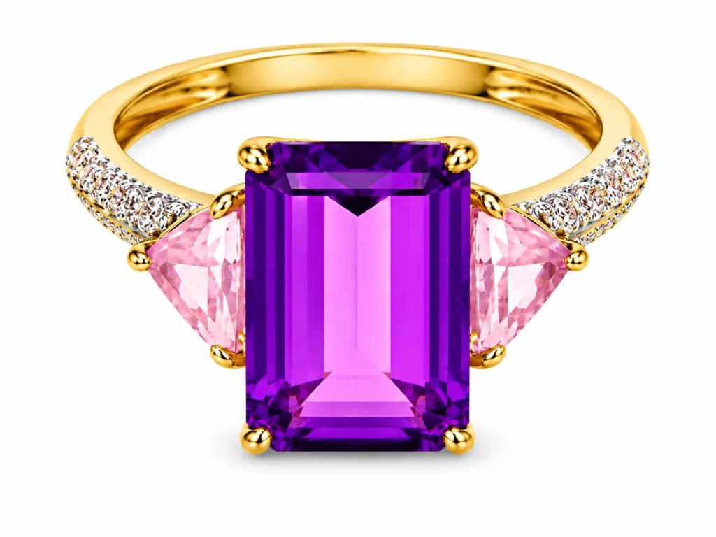 Amethyst, Rose Quartz & Diamond Three-Stone Ring – 098