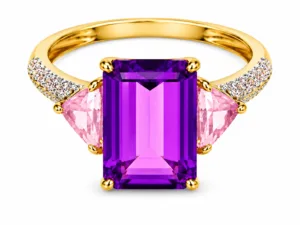 Amethyst, Rose Quartz & Diamond Three-Stone Ring – 098