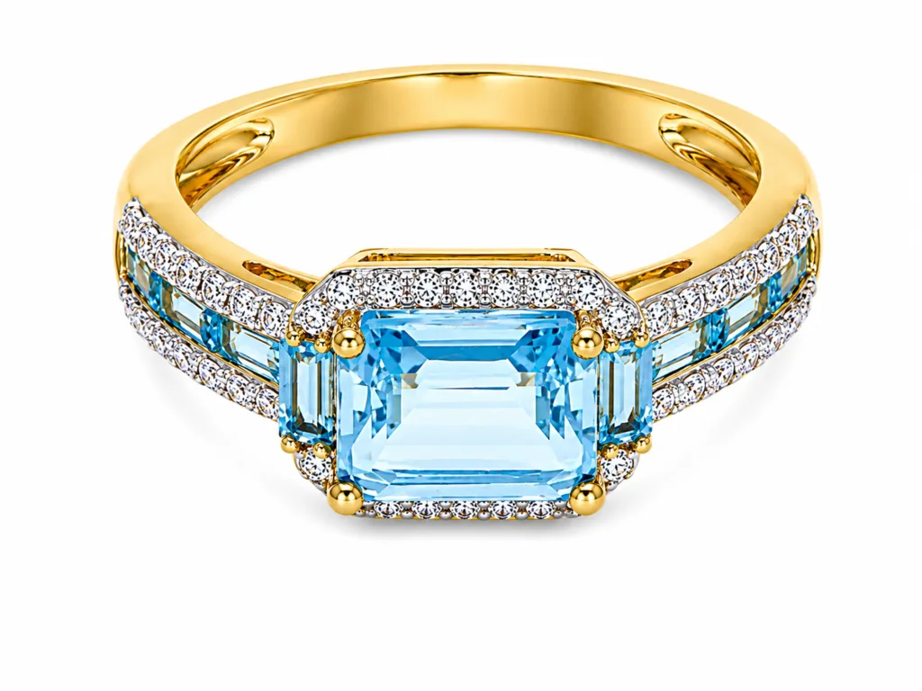 Blue Topaz & Diamond Three-Stone Ring – 036