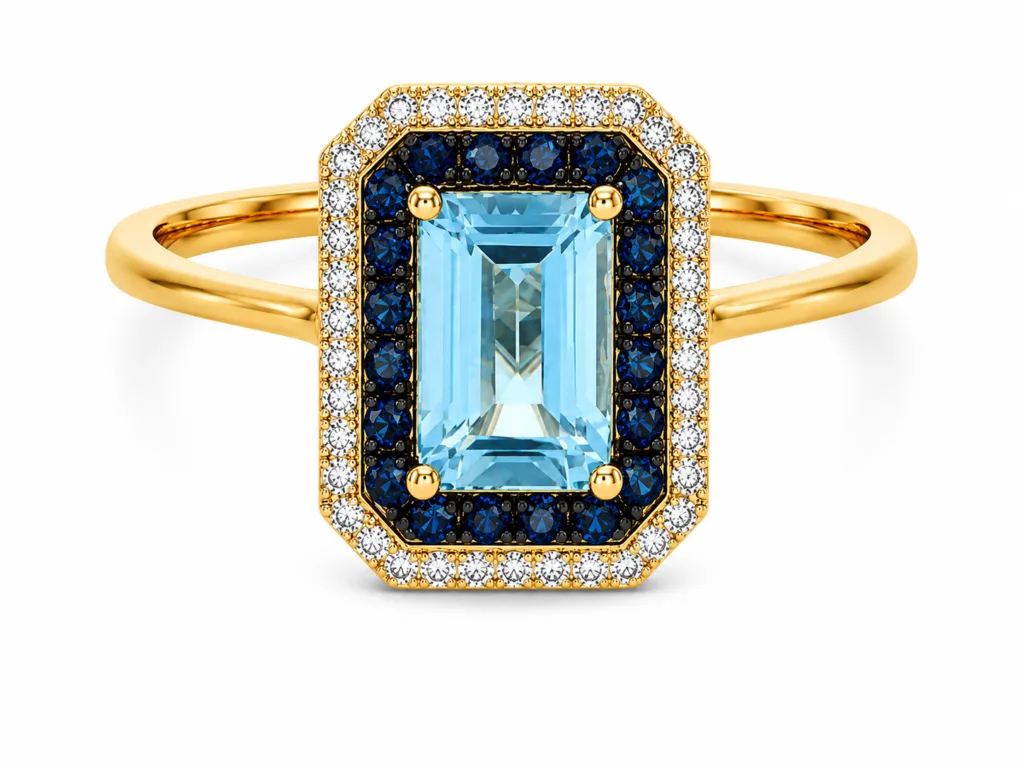 Blue Topaz, Sapphire & Diamond Halo Ring. – 038