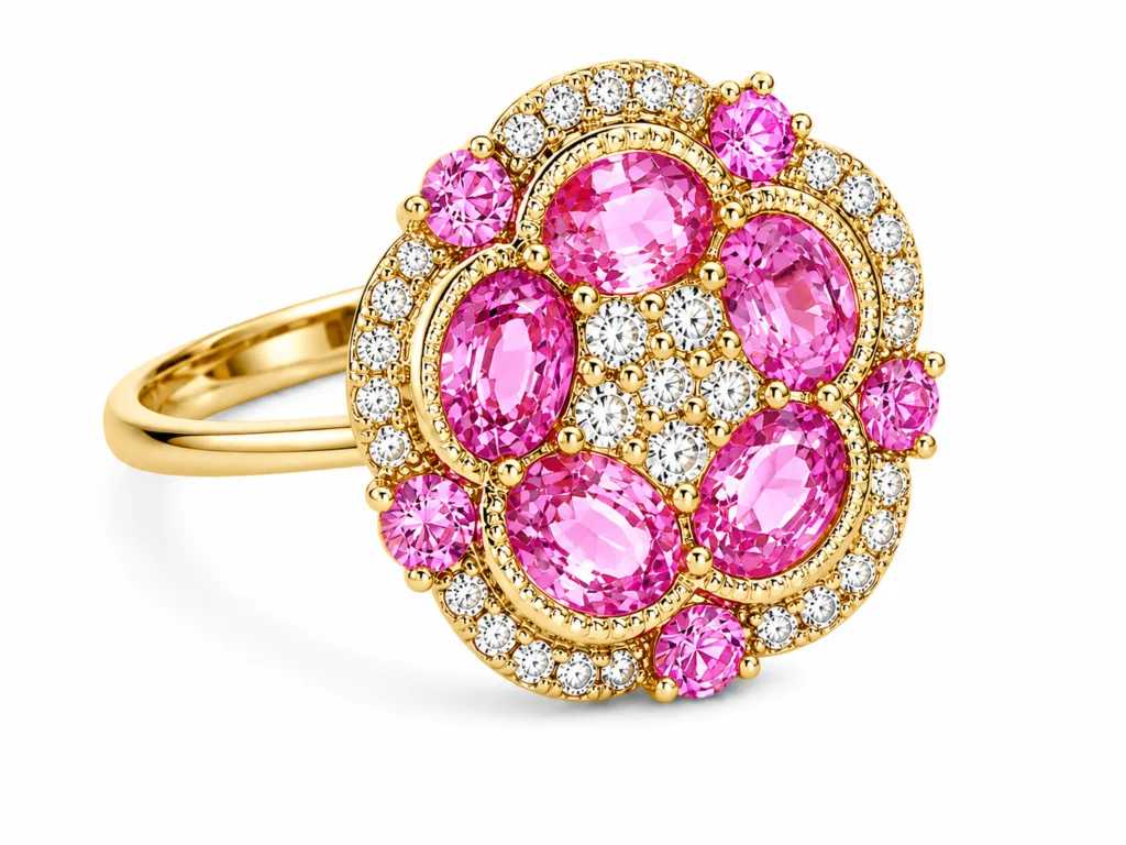 Pink Sapphire & Diamond Floral Cocktail Ring – 039