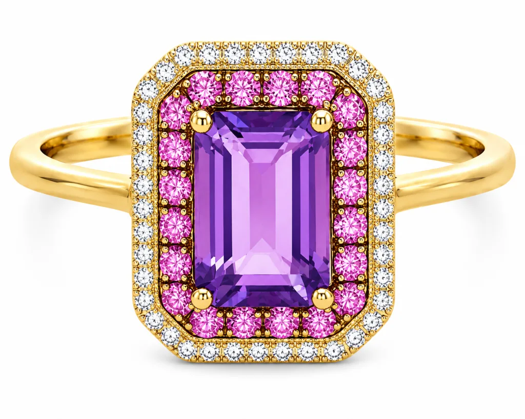 Amethyst, Pink Sapphire & Diamond Halo Ring – 097