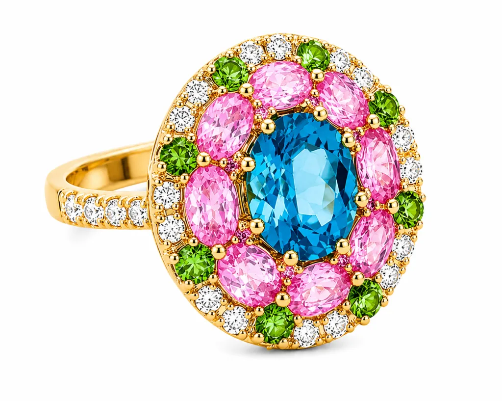 Blue Topaz, Pink Sapphire & Green Garnet Cocktail Ring – 044