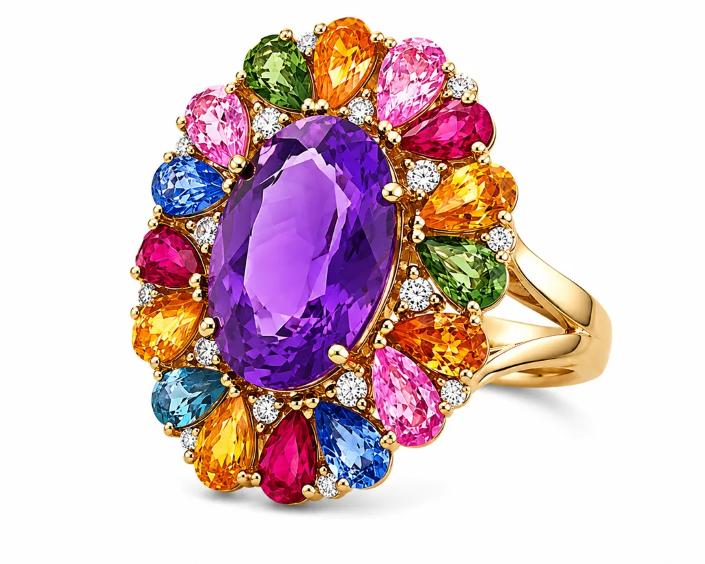 Multi-Color Gemstone & Diamond Cocktail Ring – 082