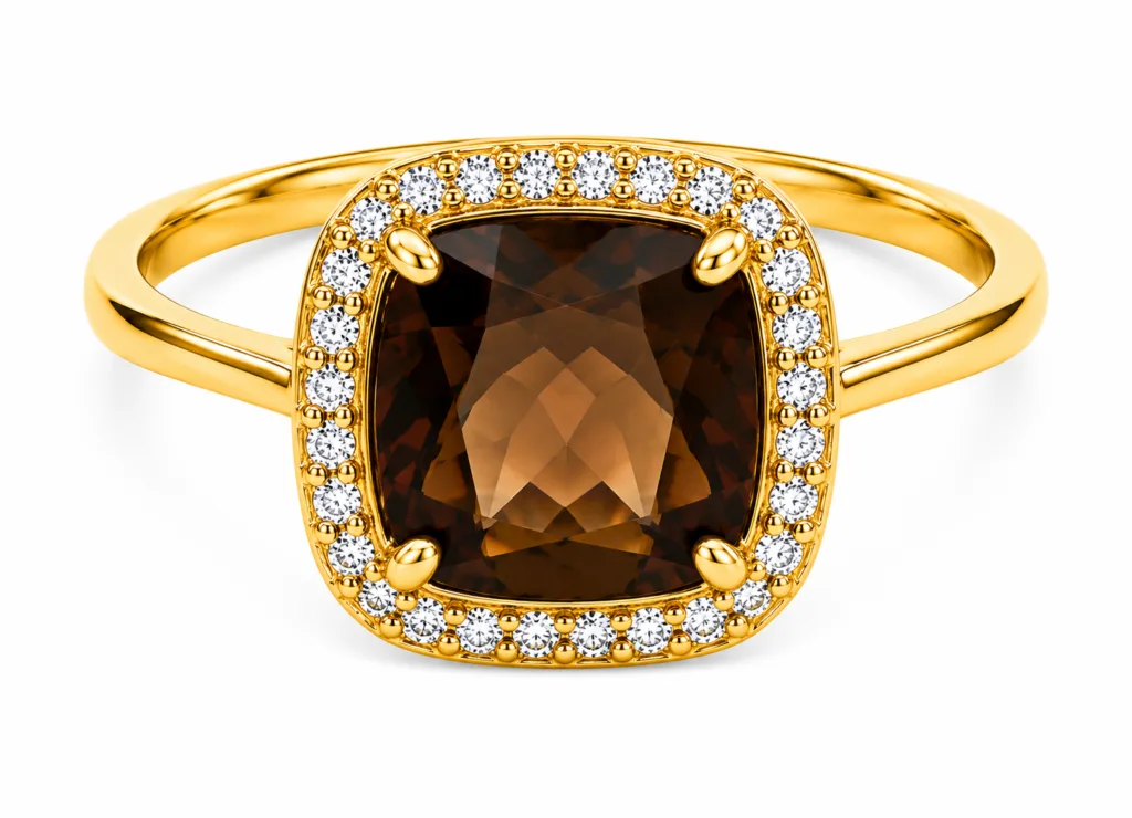 Smoky Quartz & Diamond Halo Ring – 049