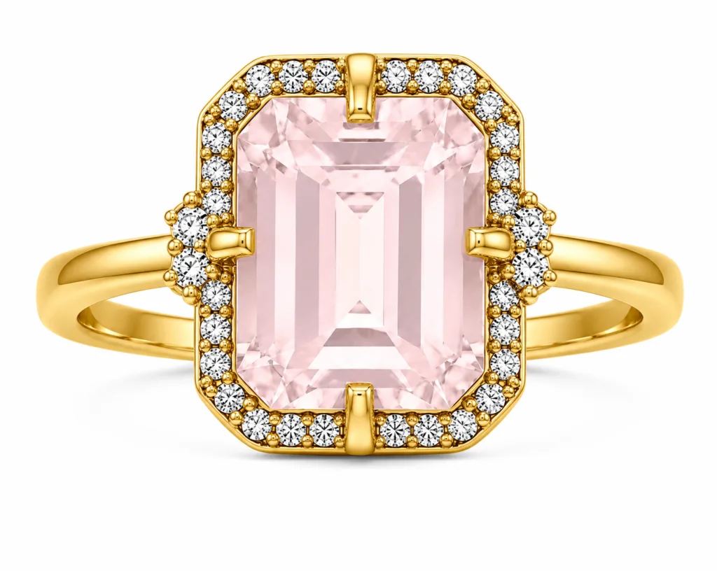 Rose Quartz & Diamond Halo Ring – 053