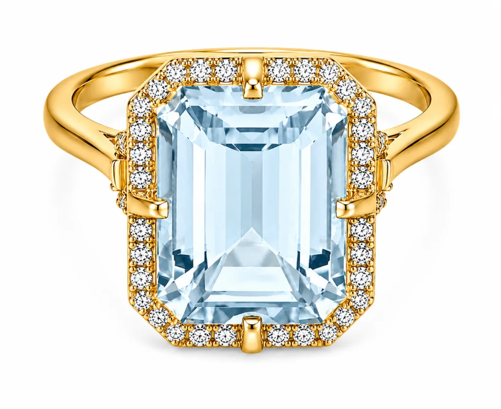 Aquamarine & Diamond Halo Ring – 054