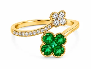 Emerald & Diamond Clover Bypass Ring – 055