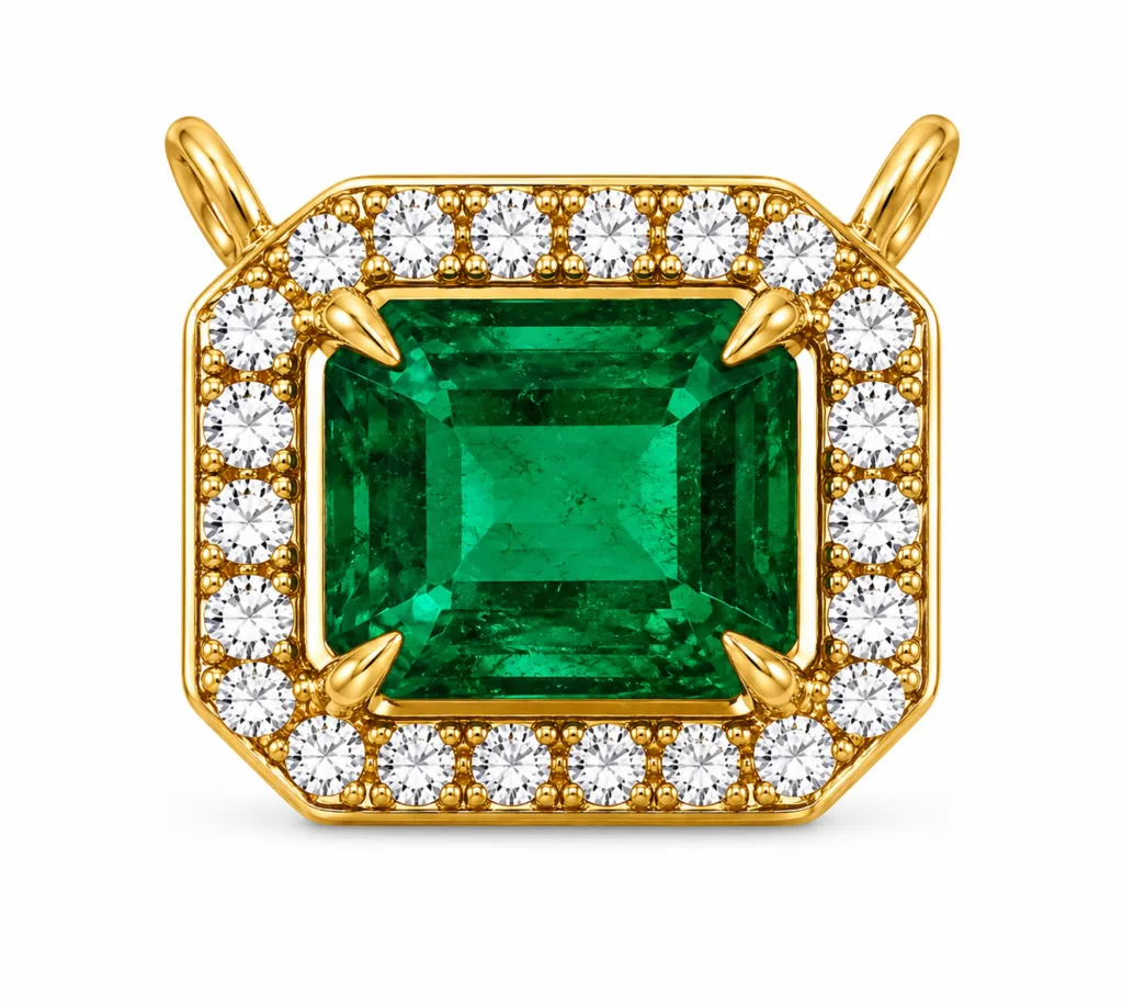 Emerald & Diamond Halo Pendant – 001