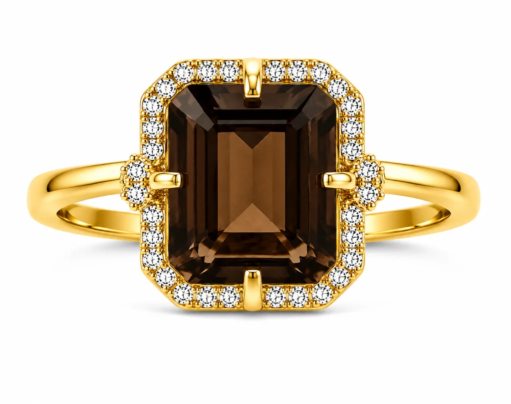 Smoky Quartz & Diamond Halo Ring – 057