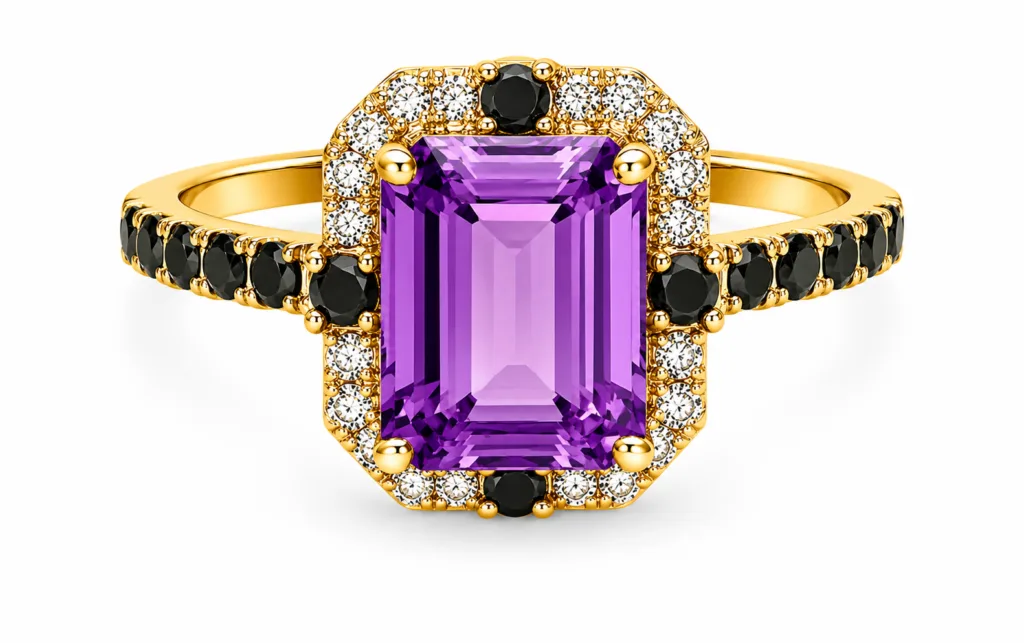 Amethyst, Black Diamond & Diamond Halo Ring – 061