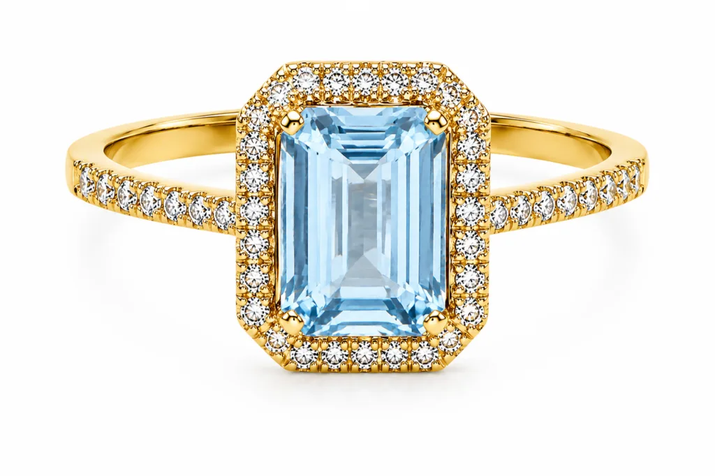 Aquamarine & Diamond Halo Ring – 063