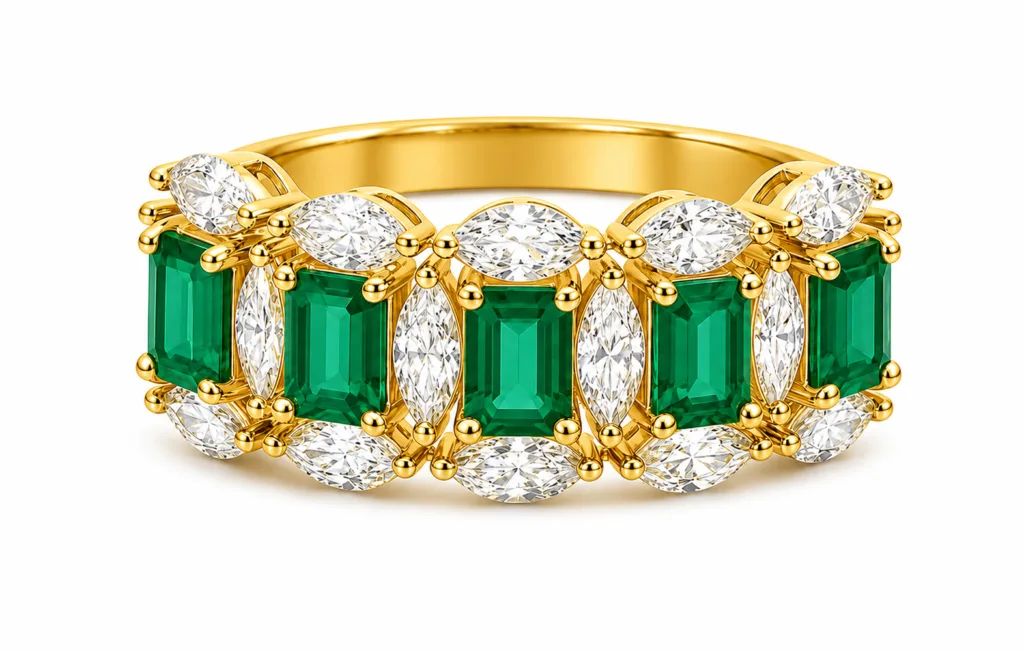 Emerald & Marquise Diamond Band Ring – 069