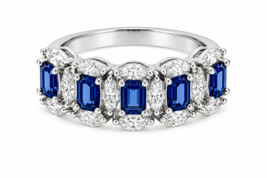 Blue Sapphire & Marquise Diamond Band Ring – 072
