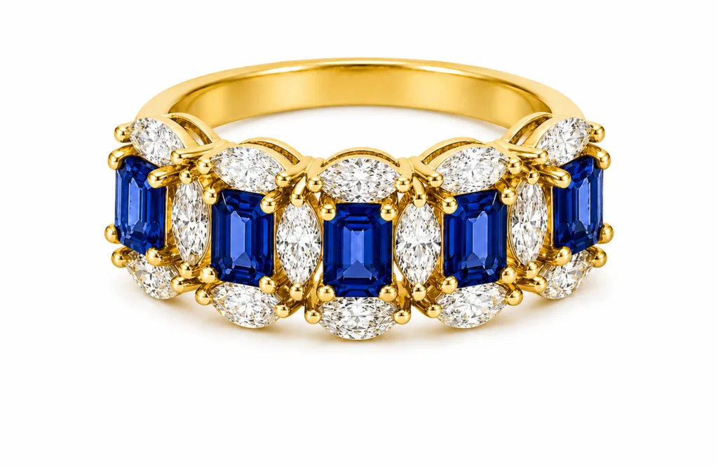 Blue Sapphire and Marquise Diamond Band Ring – 091