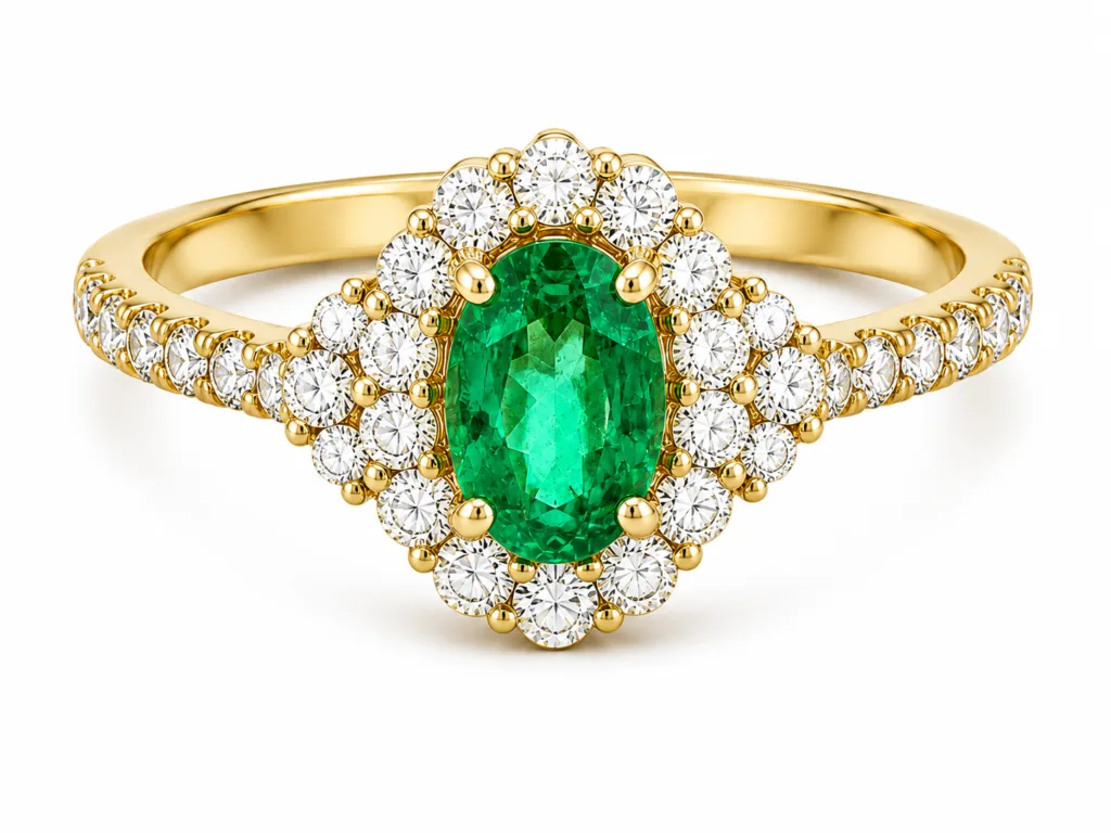 Emerald & Diamond Halo Ring – 073