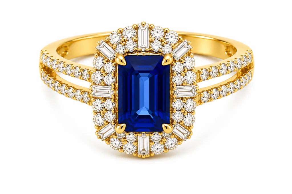 Blue Sapphire & Diamond Split Shank Ring – 078