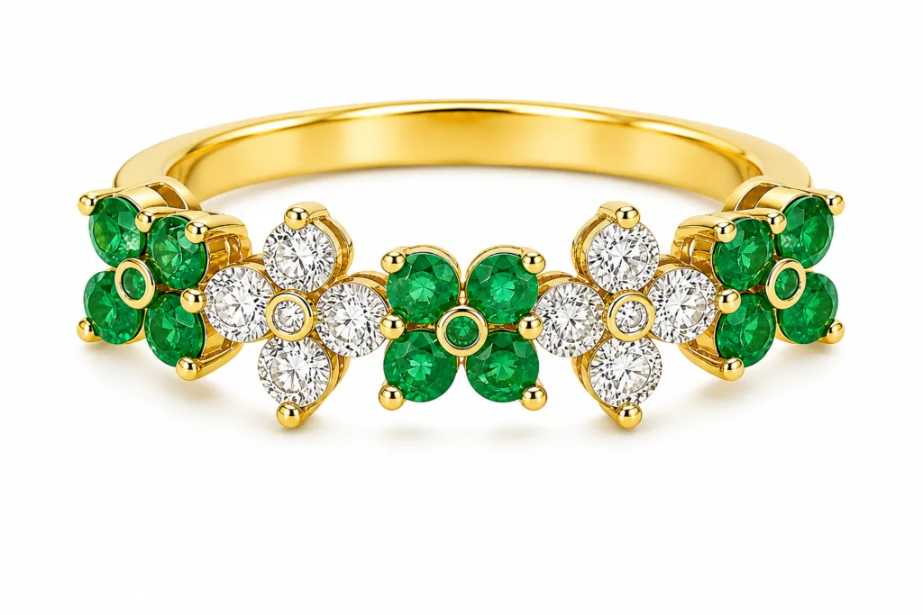 Emerald & Diamond Clover Band Ring – 075