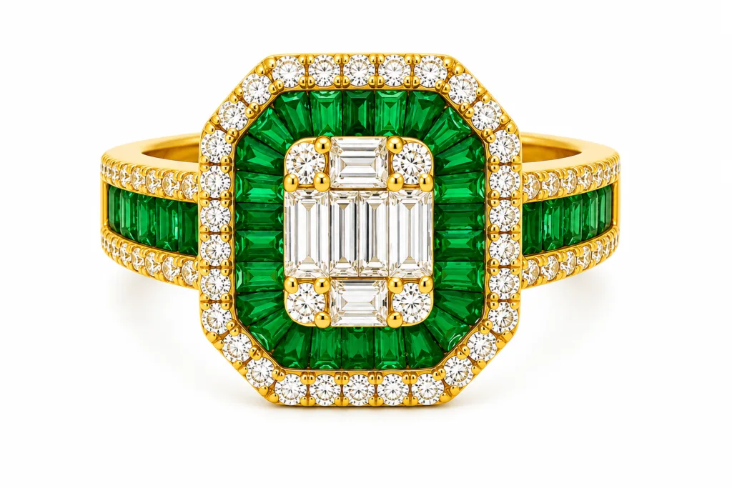 Emerald & Diamond Wide Band Ring – 077