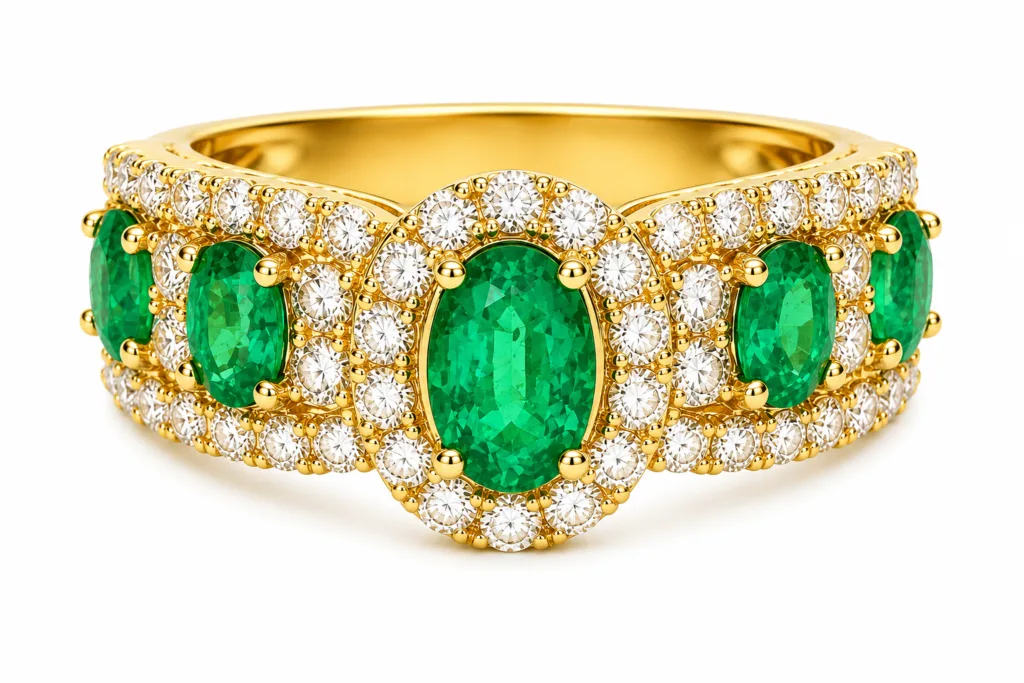 Emerald & Diamond Wide Band Ring – 082