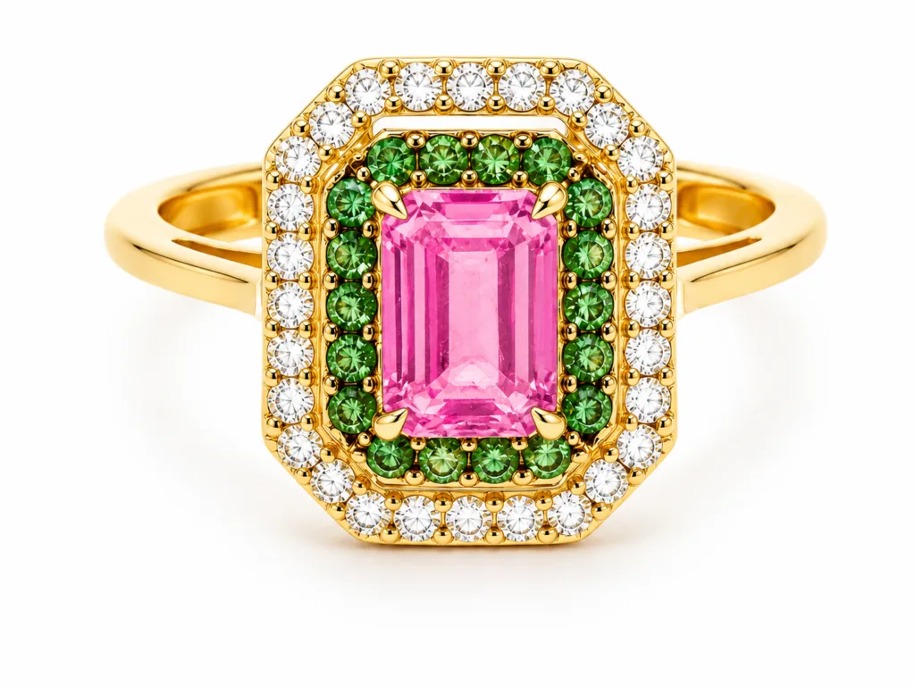 Pink Sapphire, Emerald & Diamond Halo Ring – 084